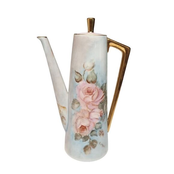 VINTAGE 1970s  HAND PAINTED COFFEE TEA POT, ROSES & GOLD - Picture 1 of 14
